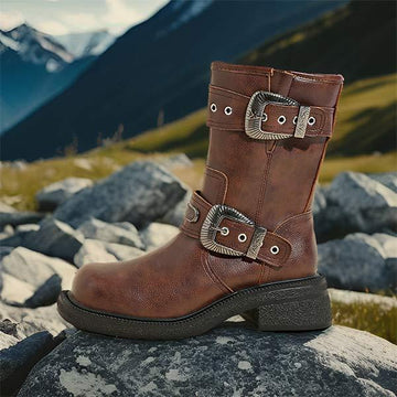 Women's Vintage Buckle Side-Zip Thick-Soled Ankle Boots