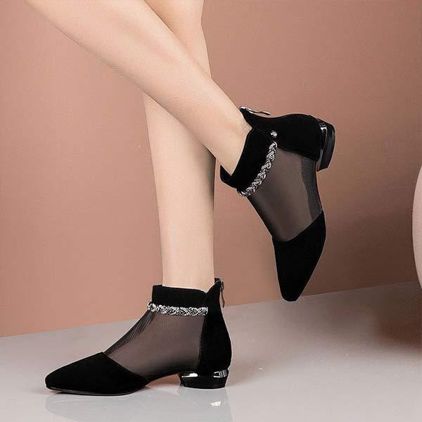 Women's Fashion Rhinestone Pointed Toe Hollow Low-Heel Sandals