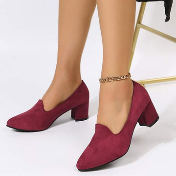 Women's Suede High Heels with Chunky Heel and Low-Cut Design