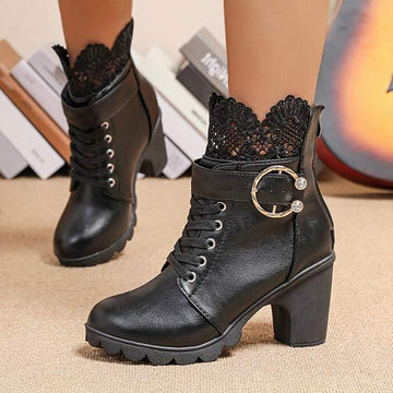 Women's Lace-Up Belt Buckle Block Heel Ankle Boots