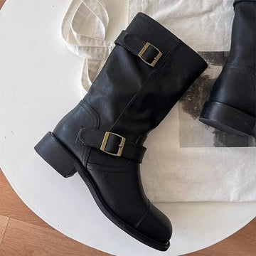 Women's Retro Thick-Soled Black Mid-Calf Boots