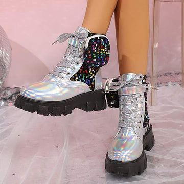 Women's Round-Toe Sequin Decor Thick-Soled Ankle Boots