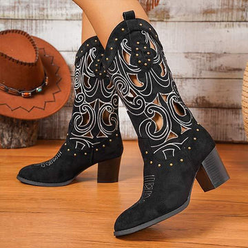 Women's Vintage Embroidered Mid-Calf Chunky Heel Boots