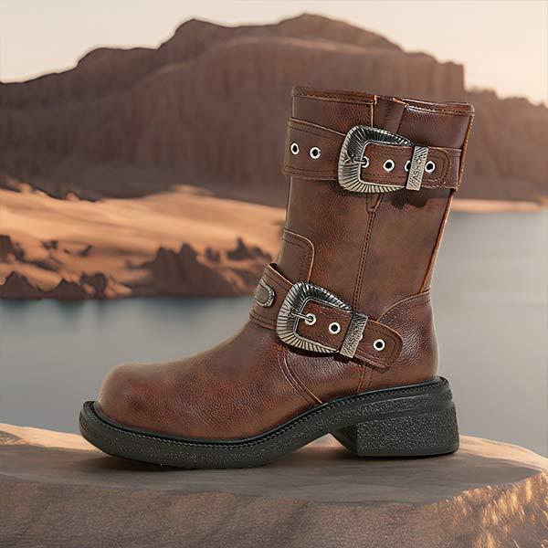 Women's Vintage Buckle Side-Zip Thick-Soled Ankle Boots