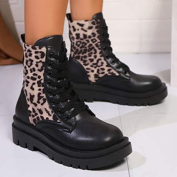 Women's Front Lace-Up Leopard Print Martin Boots