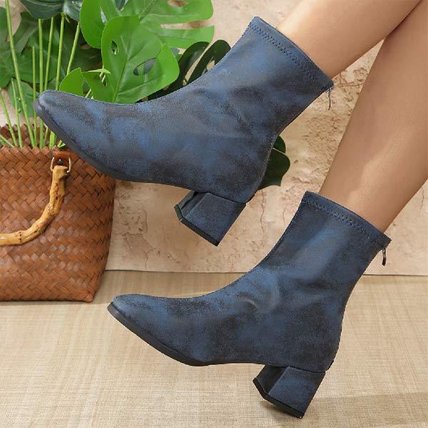 Women's Chunky Heel Ankle Boots with Back Zipper