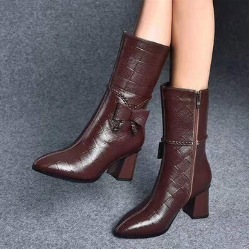 Women's Pointed Toe Side Zipper Vintage Bow Detail Mid-Calf Boots