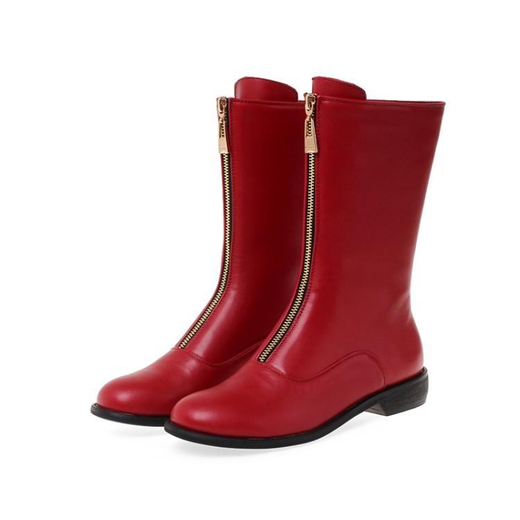 Women's Low-Heel Mid-Calf Boots with Front Zipper