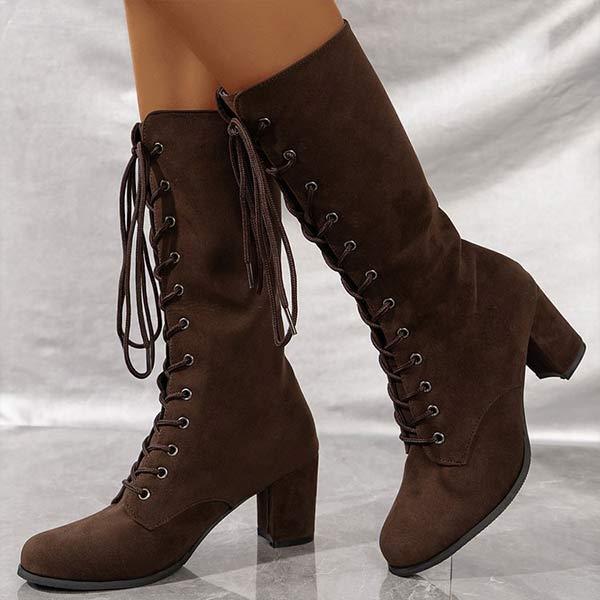 Women's Lace-Up Suede Block Heel Knee-High Boots