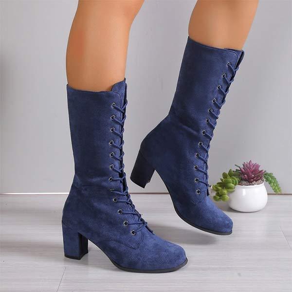 Women's Mid-Heel Chunky Lace-Up Mid-Calf Boots