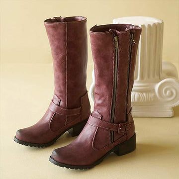 Women's Buckle Strap Side Zipper Block Heel Knee-High Boots