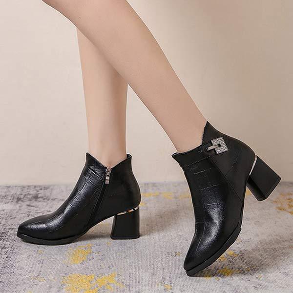 Women's Pointed Toe Block Heel Side Zipper Vintage Ankle Boots