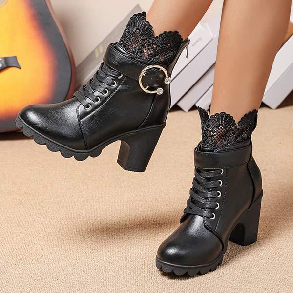 Women's Lace-Up Belt Buckle Block Heel Ankle Boots