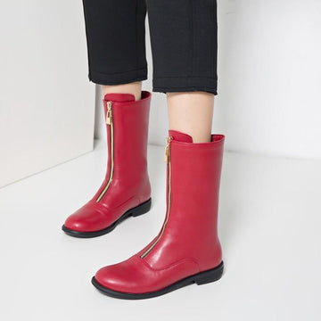 Women's Low-Heel Mid-Calf Boots with Front Zipper