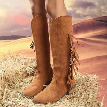 Women's Suede Fringe Knee-High Boots with Block Heel