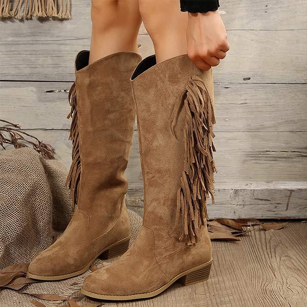 Women's Suede Tassel Block Heel Knee-High Riding Boots