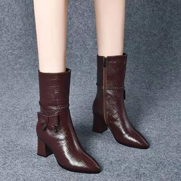 Women's Pointed Toe Side Zipper Vintage Bow Detail Mid-Calf Boots