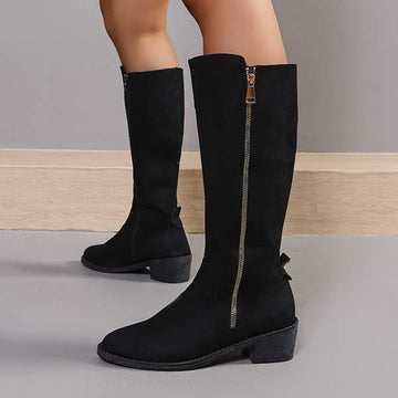 Women's Block Heel Knee-High Boots with Side Zipper