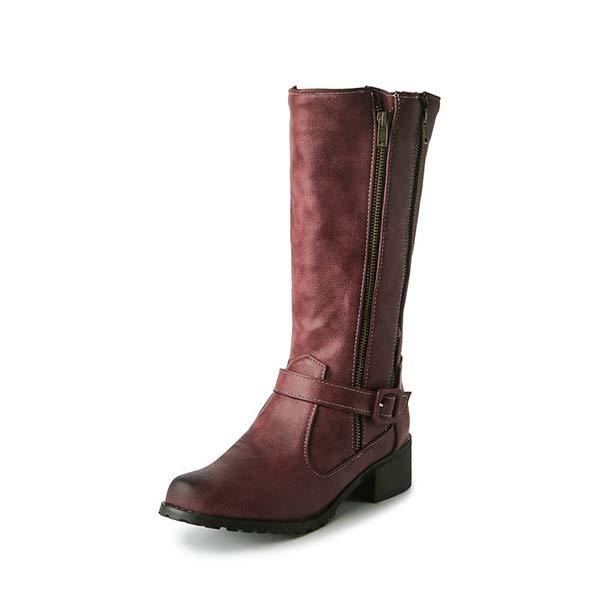 Women's Buckle Strap Side Zipper Block Heel Knee-High Boots