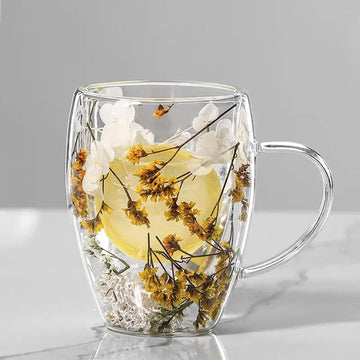 Double-Layer Glass Coffee Mug with Dried Flowers