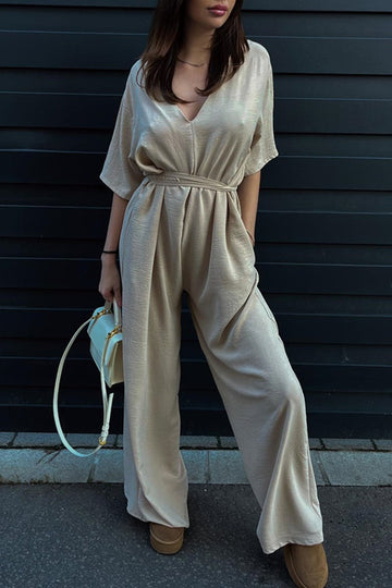 Women's Waisted deep V-neck casual wide-leg jumpsuit