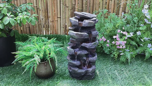 Rock Waterfall Outdoor Fountain with LED Lights, 23.6" Tiered Stone Garden Decor