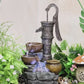 Vintage Hand Pump Outdoor Fountain, 32" Resin Cascading Water Feature with LED Lights