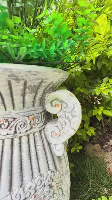 Antique Rustic 21" MGO Garden Urn, Classical Amphora Flower Pot with Handles & Weathered Finish