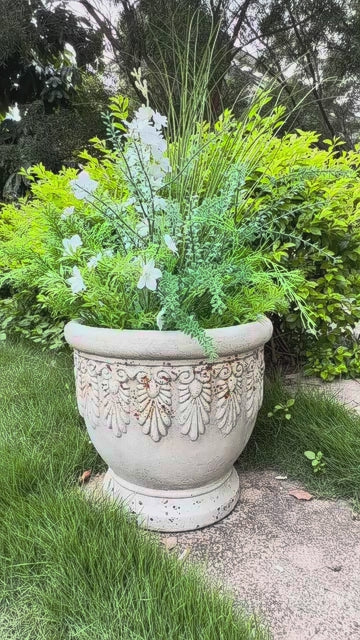 Antique Rustic 15.7" MGO Garden Urn Planter, Hand-Painted Weathered Shell & Leaf Relief Wide Pot
