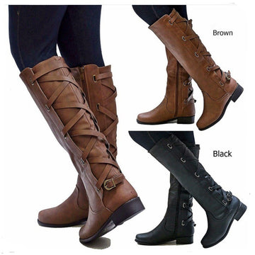 Knee high women's motorcycle boots low heel tall boots with zipper back lace-up boots