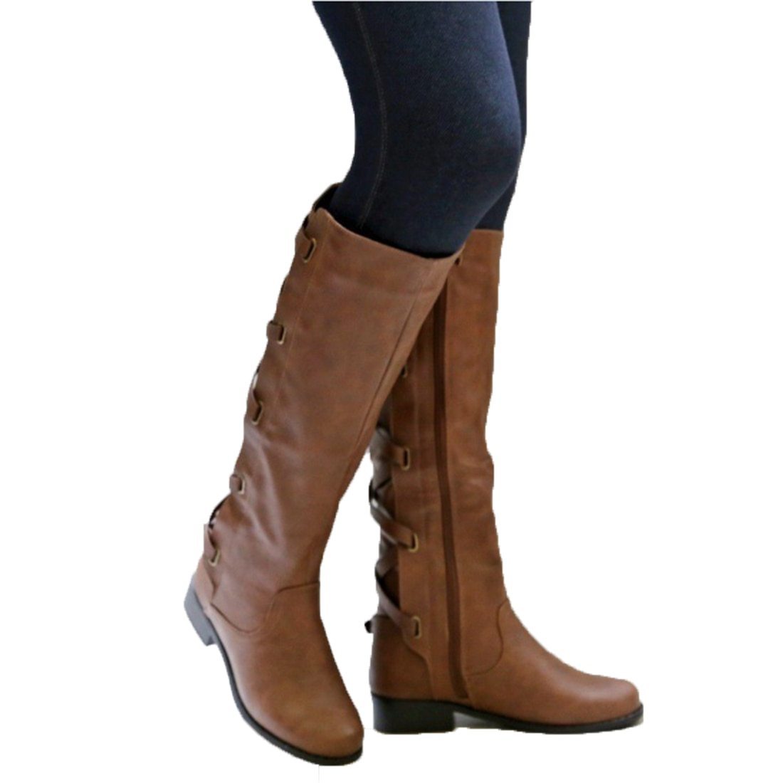 Knee high women's motorcycle boots low heel tall boots with zipper back lace-up boots