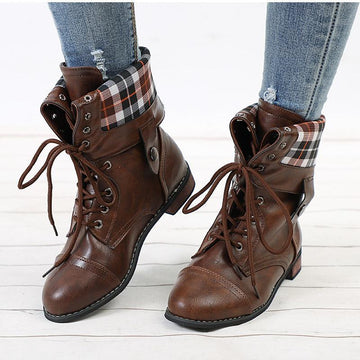 Retro women's motorcycle boots mid calf combat boots lace-up turn over boots