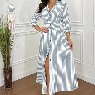 Fashion Striped Button-Down Long Shirt Dress