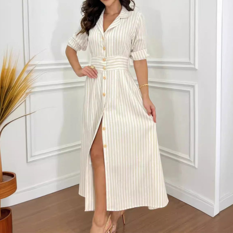 Fashion Striped Button-Down Long Shirt Dress