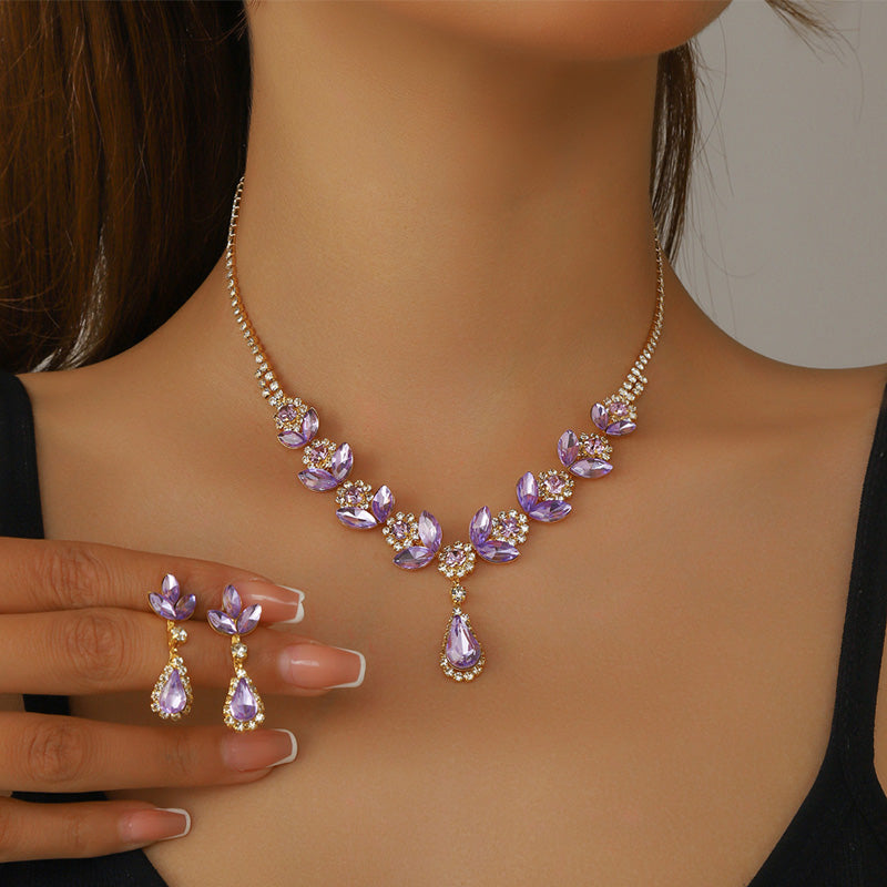 Elegant Floral Water Droplet Necklace and Earrings 2-Piece Set