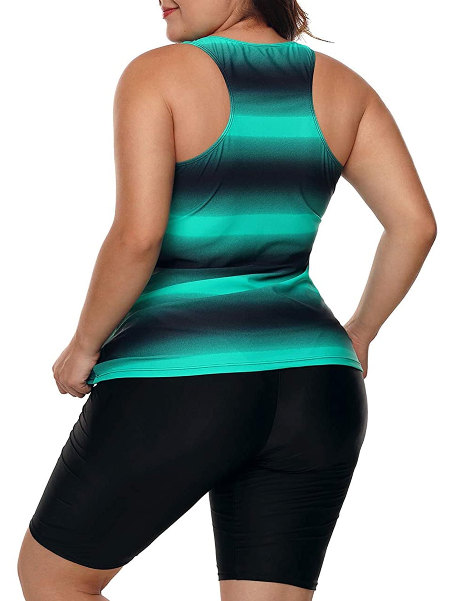 Plus Size Two Piece Bathing Suits Color Block Racerback Tankini Swimsuits with Swim Capris Swimwear