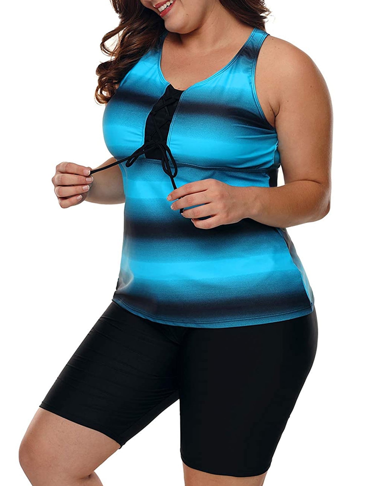 Plus Size Two Piece Bathing Suits Color Block Racerback Tankini Swimsuits with Swim Capris Swimwear