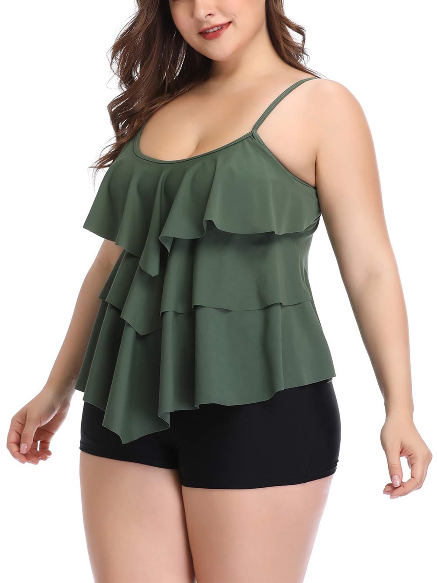 Plus Size Tankini Bathing Suits Tiered Ruffle Swimsuit Top with Boyshorts Tummy Control Swimwear