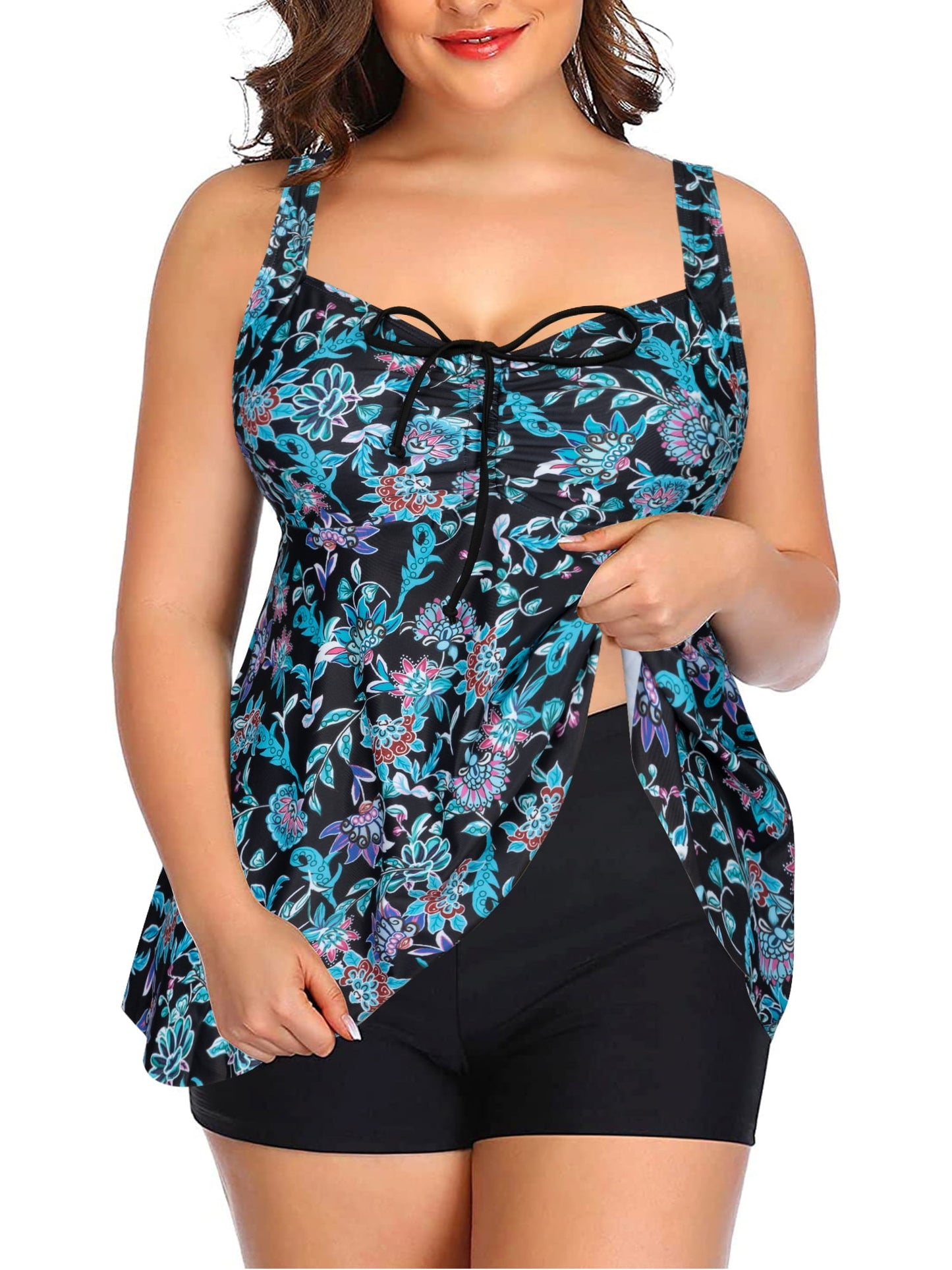 Plus Size Tankini Swimsuits with Shorts Tie-Front Bathing Suits 2 Piece Flowy Swimwear