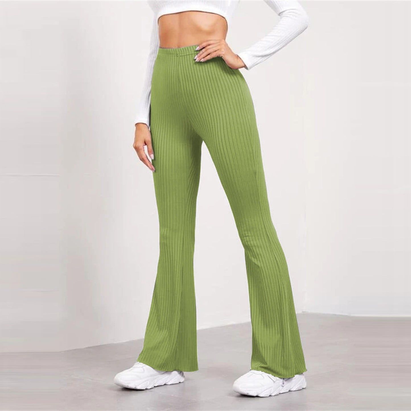 Slim Skinny Ribbed Flare Pants Athletic Workout Comfy Bootcut Trousers