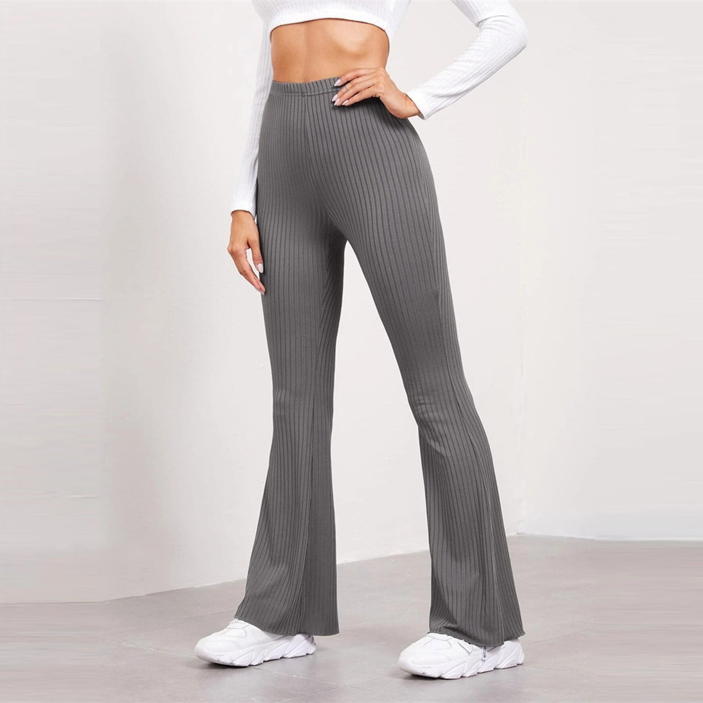 Slim Skinny Ribbed Flare Pants Athletic Workout Comfy Bootcut Trousers