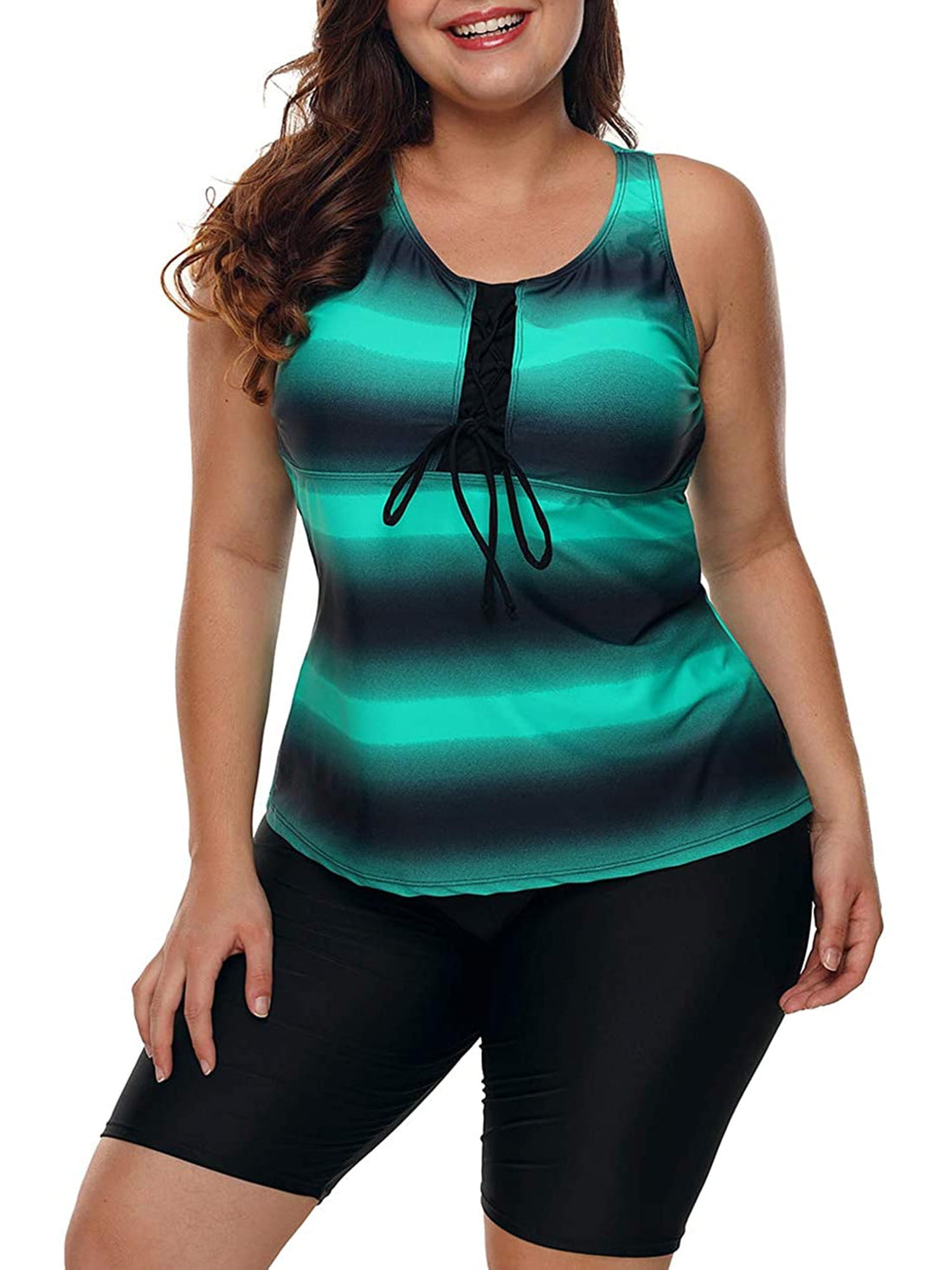 Plus Size Two Piece Bathing Suits Color Block Racerback Tankini Swimsuits with Swim Capris Swimwear