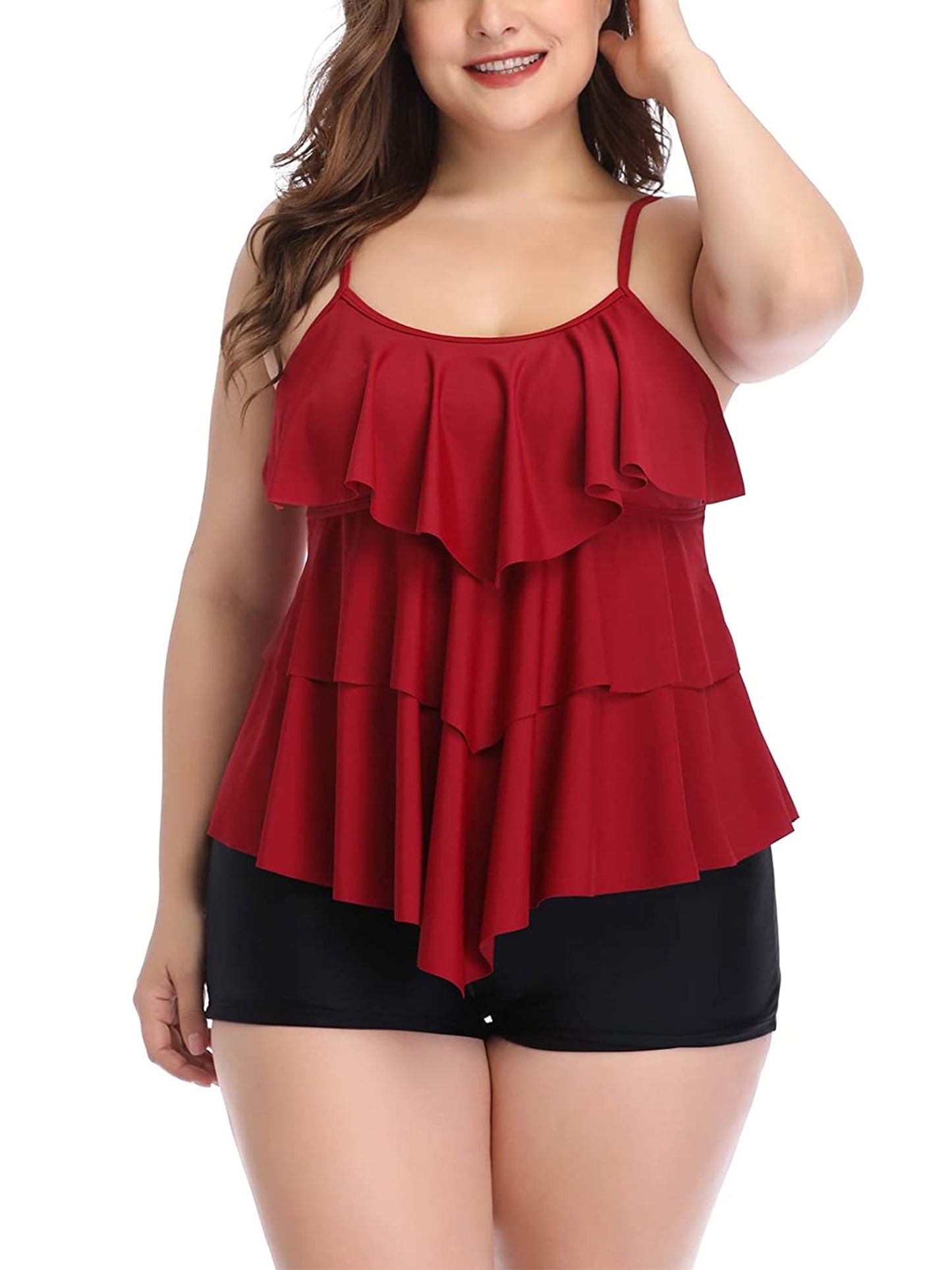 Plus Size Tankini Bathing Suits Tiered Ruffle Swimsuit Top with Boyshorts Tummy Control Swimwear