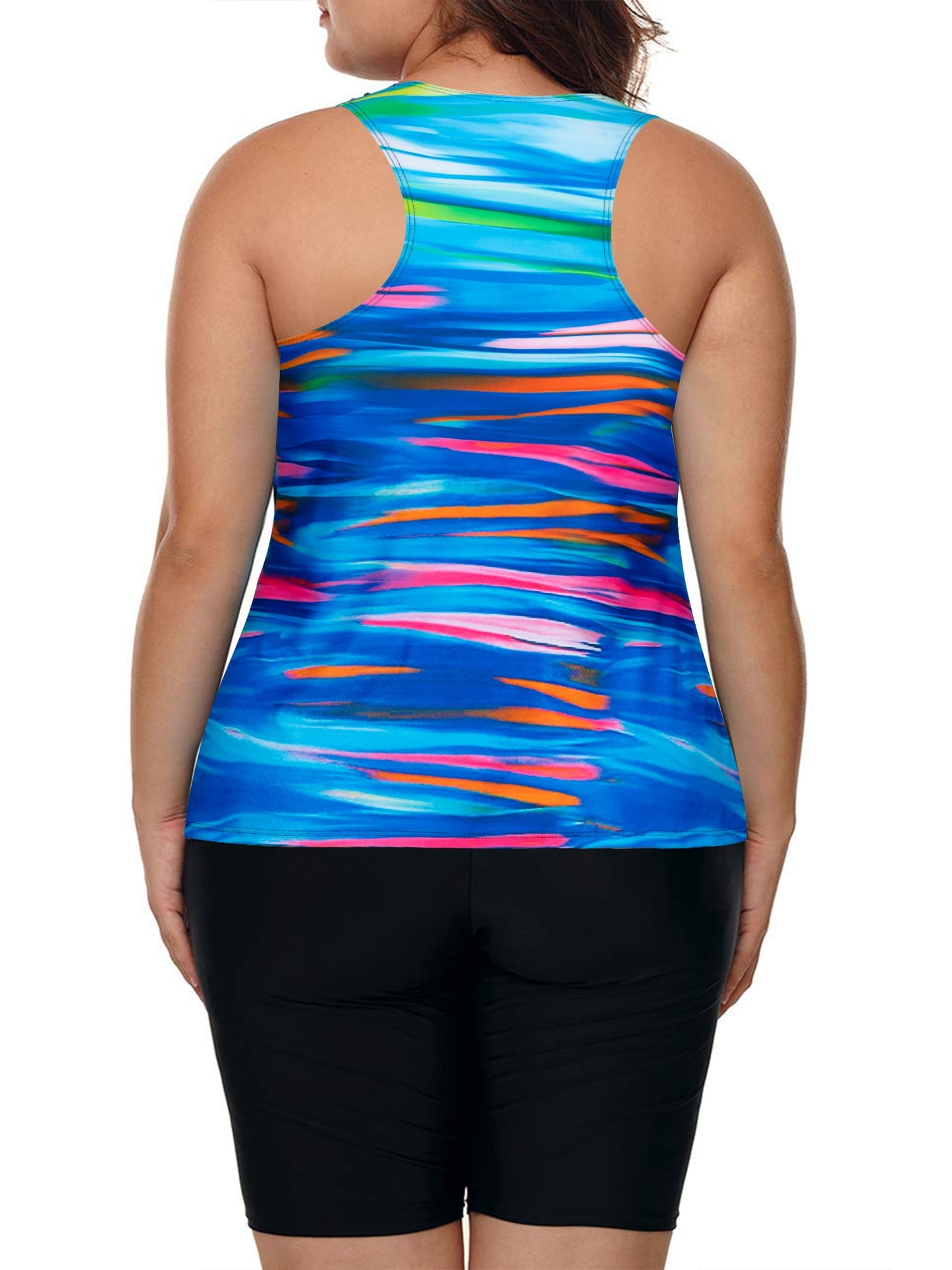 Plus Size Two Piece Bathing Suits Color Block Racerback Tankini Swimsuits with Swim Capris Swimwear