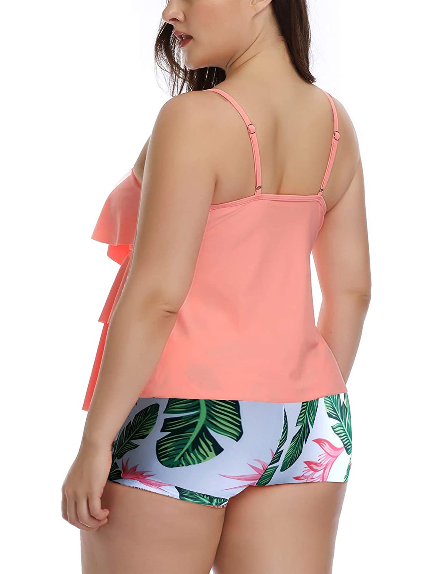 Plus Size Tankini Bathing Suits Tiered Ruffle Swimsuit Top with Boyshorts Tummy Control Swimwear