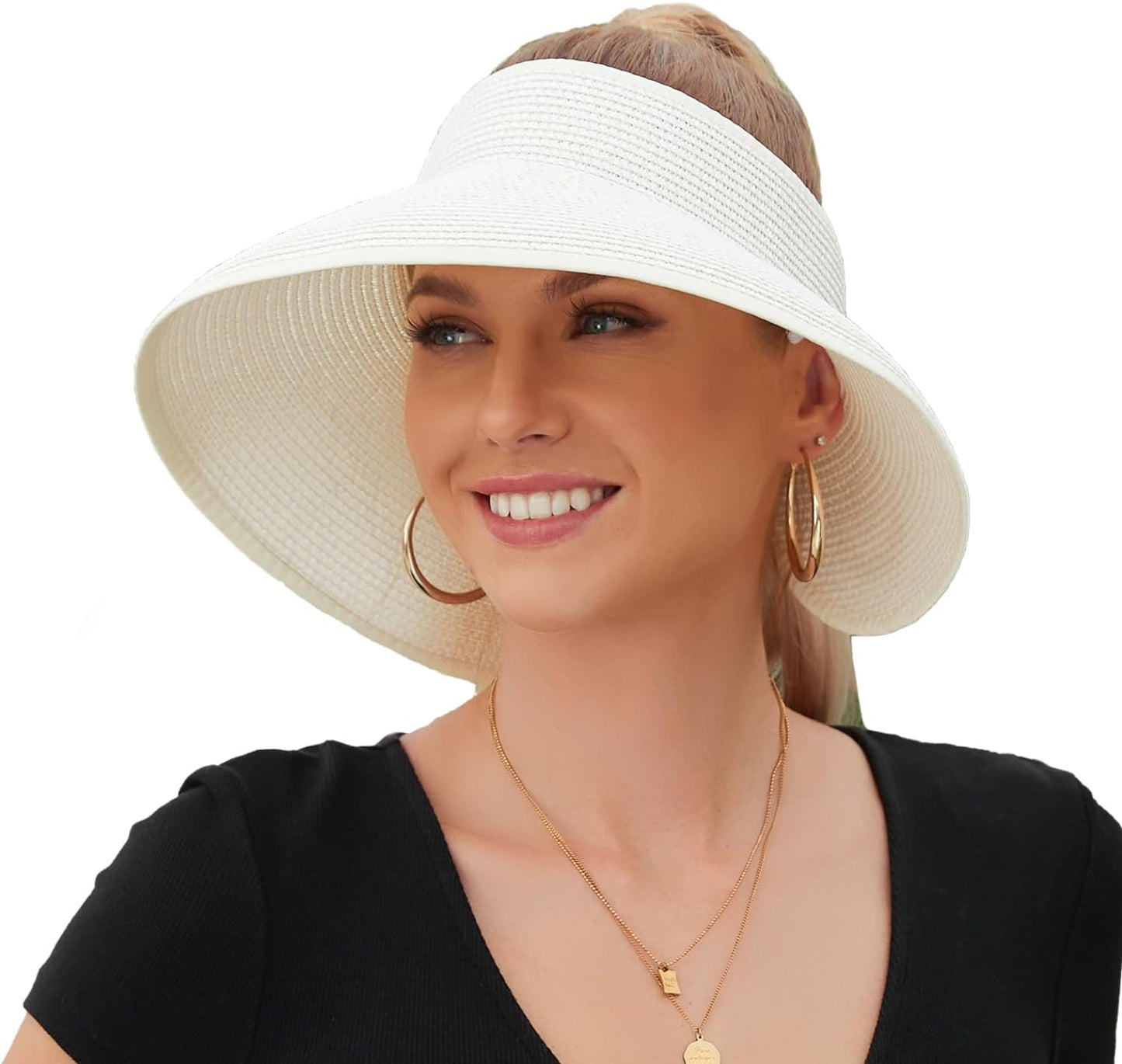 Sun Visors with Roll-Up Ponytail Packable Wide Brim Straw UV Protection Sun Beach Hats