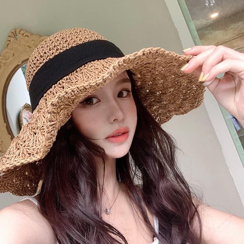 Bow Summer Floppy Hats Straw Wide Brim Foldable Sun Cap Crochet Travel Bucket Hat