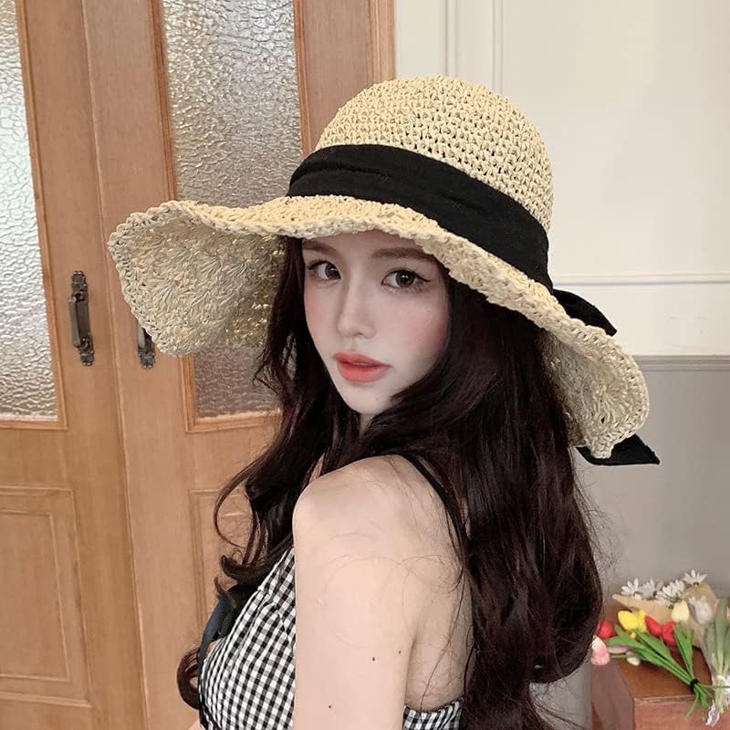 Bow Summer Floppy Hats Straw Wide Brim Foldable Sun Cap Crochet Travel Bucket Hat