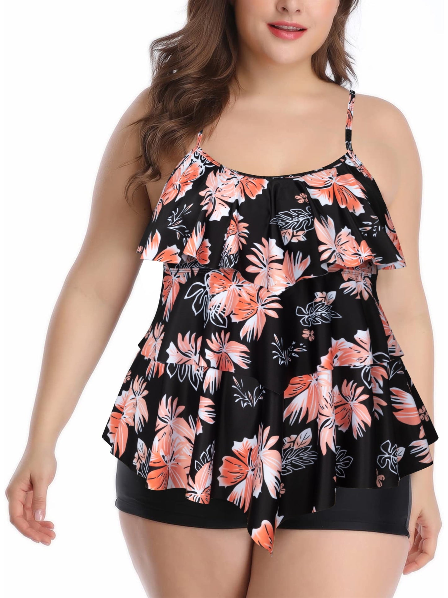 Plus Size Tankini Bathing Suits Tiered Ruffle Swimsuit Top with Boyshorts Tummy Control Swimwear