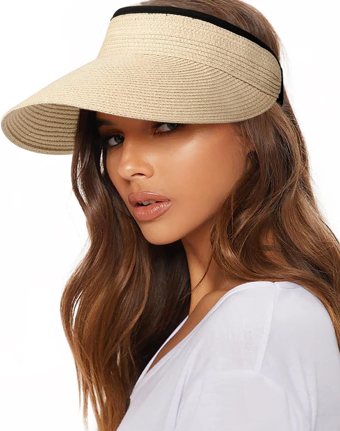 UPF 50+ Sun Visor Hat Straw Summer Packable Ponytail Beach Hats